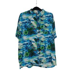 Kennington LTD Hawaiian Shirt L Blue Green Tropical Rayon Palm Aloha Resort Camp